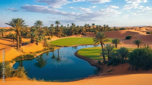 Wallpaper Mural A lush oasis surrounded by golden dunes showcases a tranquil pool reflecting the vibrant sky and palm trees in the desert landscape Torontodigital.ca