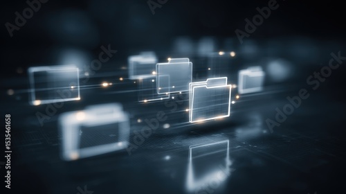Abstract network grid with files and folders, futuristic software interface, digital document management system, store, search and organize documents, corporate business, paperless office	

