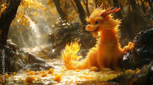 Animated golden dragon in sunlit forest