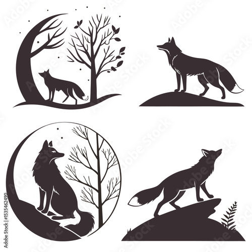 Elegant silhouette set of foxes posing in nature settings of trees and landscapes