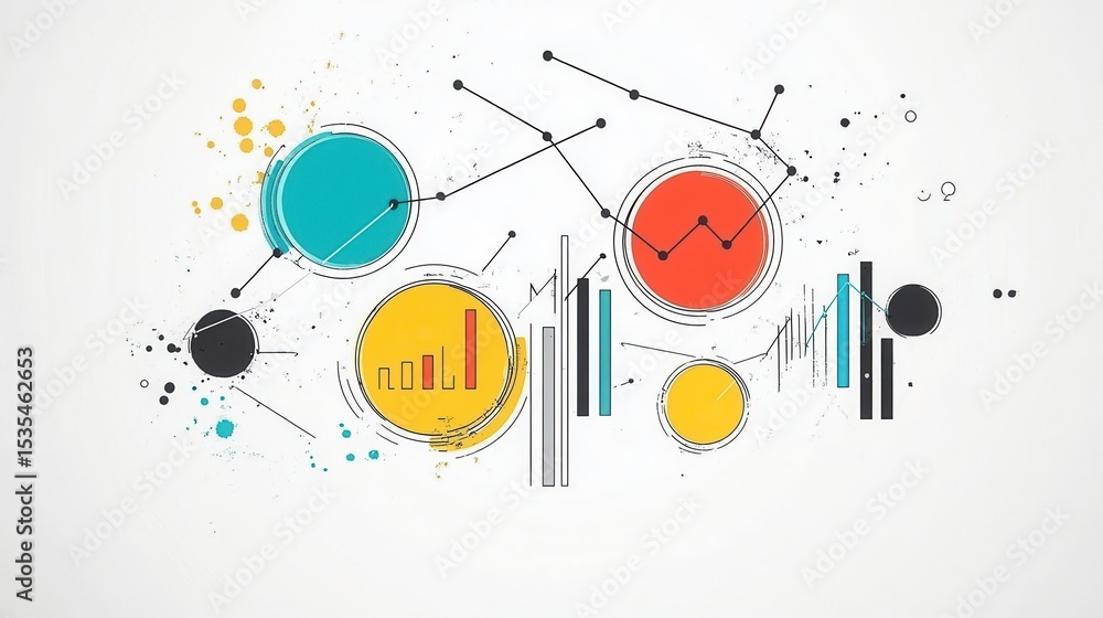 Obraz premium Infographic illustration with circles, lines, and bar charts on a white background. Design element for data analysis, business statistics, and financial reporting concepts.
