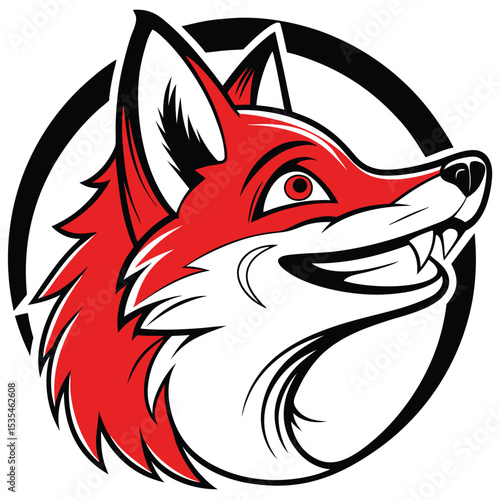 Fierce red fox mascot head illustration inside a black circle for sports team logos