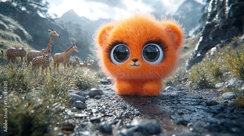 Animated orange fluffball in a scenic mountain range