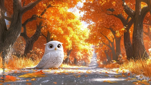 Animated owl on a road, autumn leaves