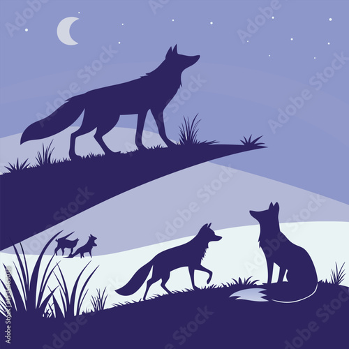 Silhouette illustration depicting foxes roaming under a moonlit sky amidst rolling hills and grass