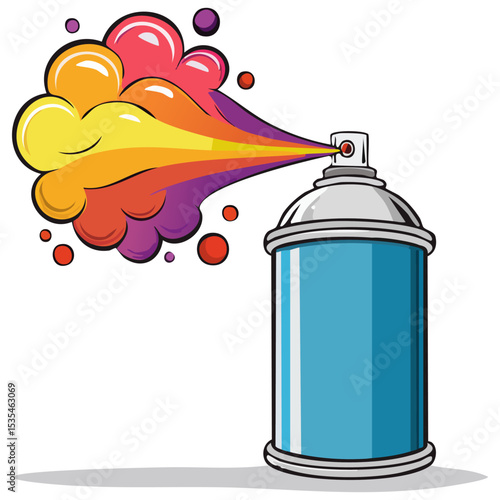 Cartoon spray paint can with colorful paint coming out of it, isolated 