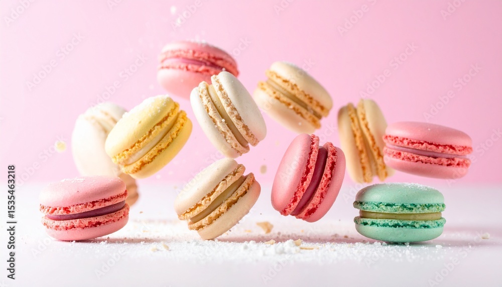Obraz premium Colorful Macarons in Mid-Air Against a Soft Pink Background with Flying Almond Flakes, Powdered Sugar, and Creamy Filling – Vibrant, Whimsical Dessert Explosion in Motion