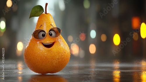 Animated pear character with sunglasses, smiling