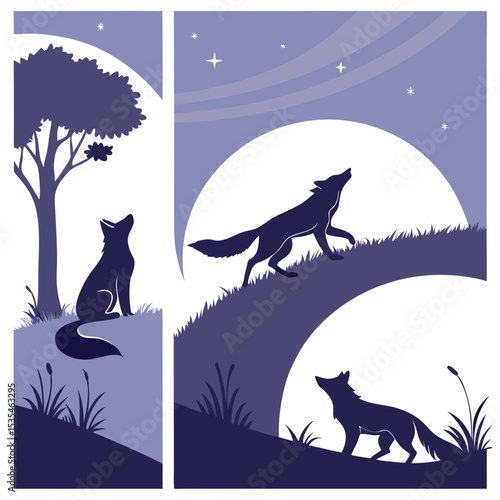 Silhouette illustrations of howling wolves under a moonlit night sky with trees and grass.