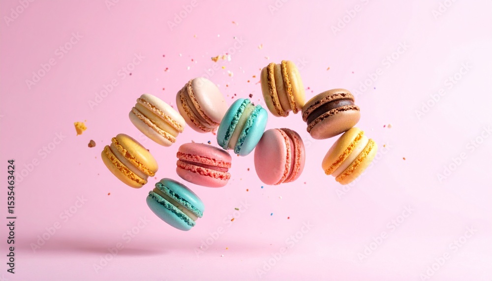 Obraz premium Colorful Macarons in Mid-Air Against a Soft Pink Background with Flying Almond Flakes, Powdered Sugar, and Creamy Filling – Vibrant, Whimsical Dessert Explosion in Motion