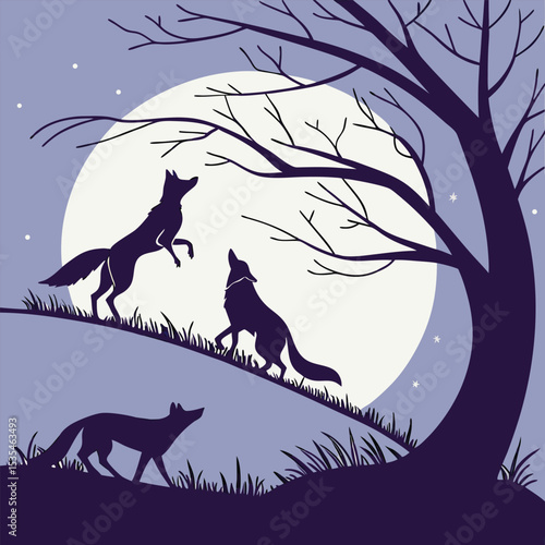 Silhouette wolves howling under the moonlight with a bare tree and stars in the night sky
