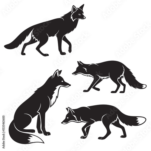 Silhouetted foxes in various poses featuring walking sitting and stalking actions isolated on white background