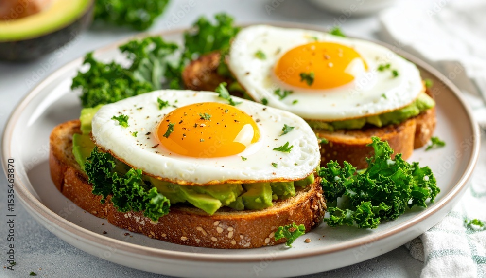 Artistic Avocado Toast with Creamy Avocado, Fried Egg, and Fresh Kale Garnish on Whole Grain Bread – Healthy, Vibrant, and Nutritious Breakfast or Brunch Dish Artistic Avocado Toast with Creamy Avocado, Fried Egg, and Fresh Kale Garnish on Whole Grain Bread – Healthy, Vibrant, and Nutritious Breakfast or Brunch Dish