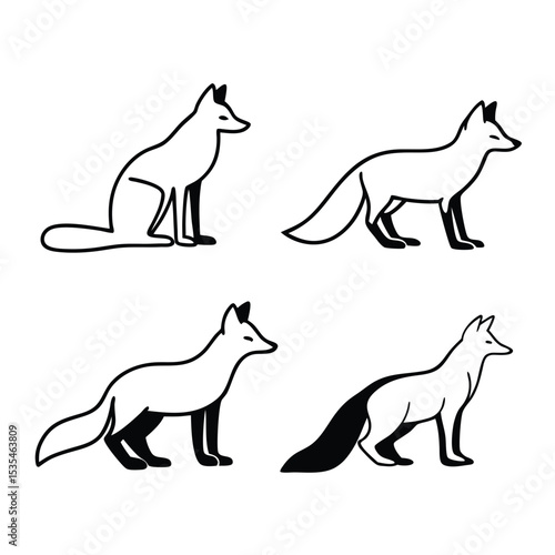 Simple black and white vector illustrations of foxes in various poses and positions
