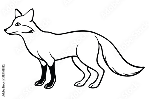 Simple black and white outline illustration of a standing fox animal in profile