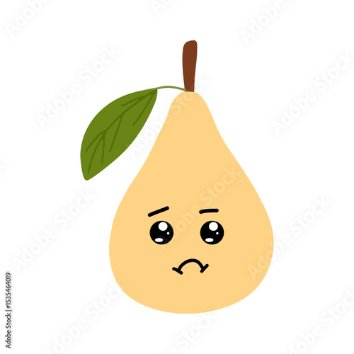 Pear kawaii flat illustration. Stylized vector character with smiling face, sad, cry and variant different expression face. 