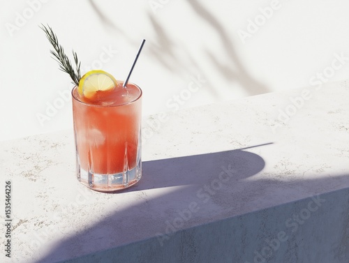 Fruit juice cocktail with rosemary and lime on stone table, neutral background and sunlight highlights.