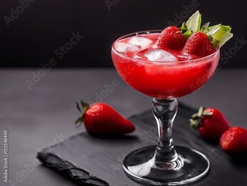 Strawberry daiquiri in cocktail glass on black background with fresh strawberries beside it.