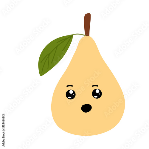Pear kawaii flat illustration. Stylized vector character with smiling face, sad, cry and variant different expression face. 