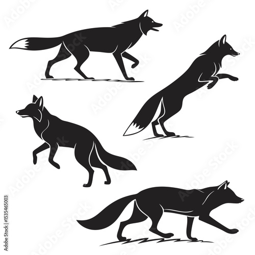 Vector illustration collection of four silhouette foxes in various poses on a white background