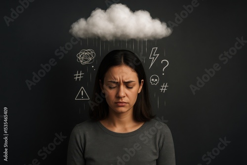 Struggles of the mind represented through an expressive portrait amid swirling thoughts and emotions