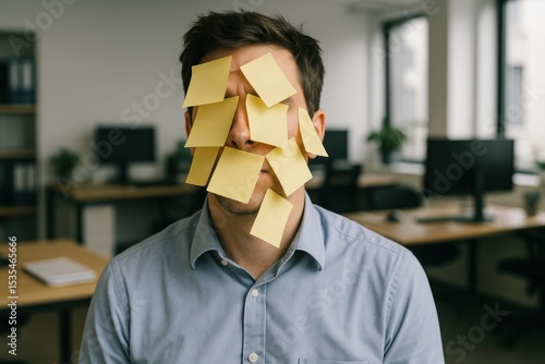Creative office prank with sticky notes covering a man's face during a busy workday