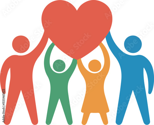 Four figures uplift a giant heart, their collaborative embrace symbolizing unity, compassion, and unwavering support. Capturing the essence of collective care and understanding.