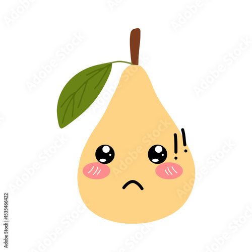 Pear kawaii flat illustration. Stylized vector character with smiling face, sad, cry and variant different expression face. 