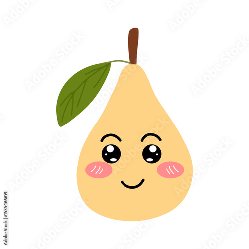 Pear kawaii flat illustration. Stylized vector character with smiling face, sad, cry and variant different expression face. 