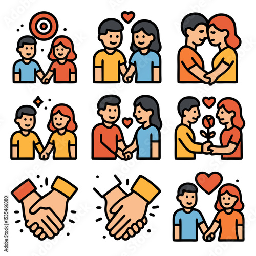 nine colorful icons depicting various romantic couple interactions.
