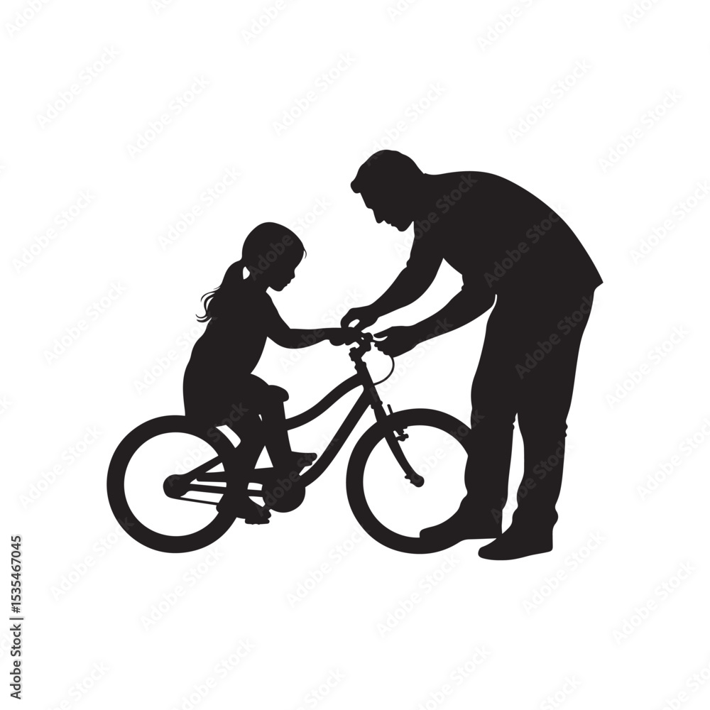 Fototapeta premium Father and Daughter Fixing Bicycle Silhouette – Bonding Moment Vector Art in Black and White