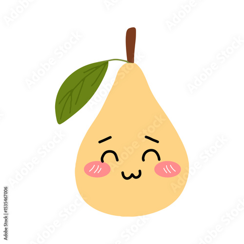 Pear kawaii flat illustration. Stylized vector character with smiling face, sad, cry and variant different expression face. 
