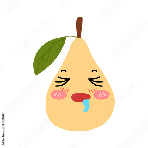 Pear kawaii flat illustration. Stylized vector character with smiling face, sad, cry and variant different expression face. 