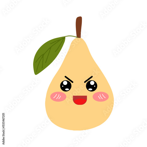 Pear kawaii flat illustration. Stylized vector character with smiling face, sad, cry and variant different expression face. 