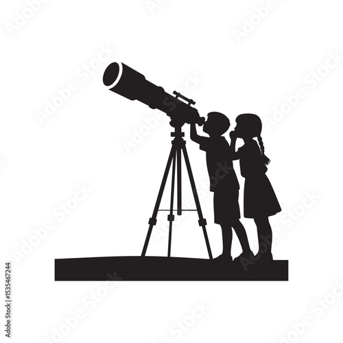 Siblings Stargazing with Telescope Silhouette – Night Sky Curiosity Vector in Black and White