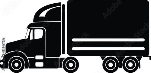 Black Silhouette Vector of Freight Delivery Truck with High Cab and Rear Axles – Industrial Logistics and Transport Vehicle Icon