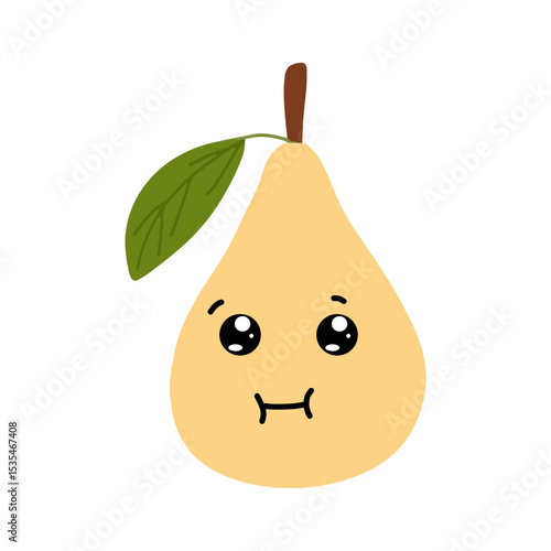 Pear kawaii flat illustration. Stylized vector character with smiling face, sad, cry and variant different expression face. 