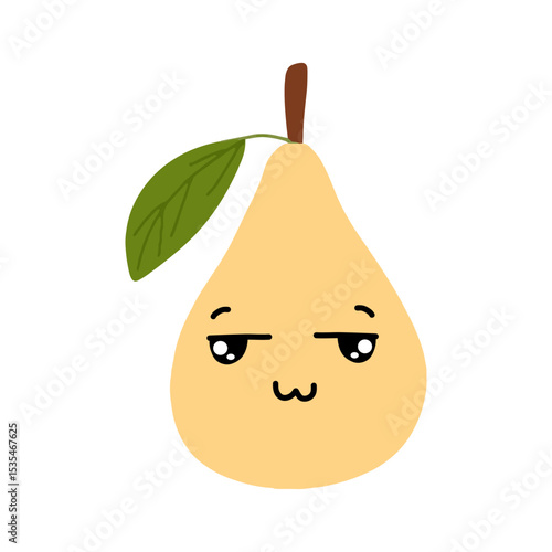Pear kawaii flat illustration. Stylized vector character with smiling face, sad, cry and variant different expression face. 