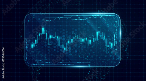 Market analysis glass screen interface with glowing candlestick chart and world map. Trading platform, investment economy analytics for FinTech background. Vector illustration.