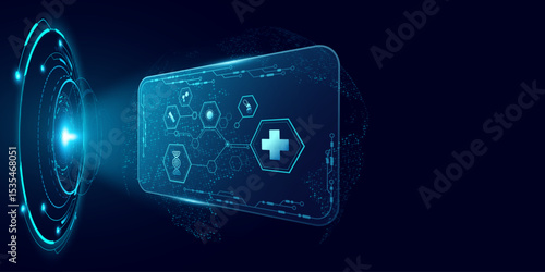 Futuristic healthcare glowing HUD interface featuring a holographic display with medical icons. Medicine technology background for scientific research presentation. Vector illustration.