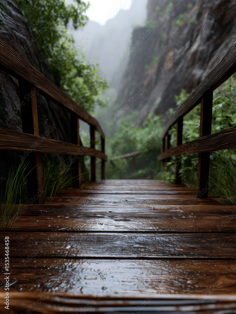 Fototapeta premium set of wet wooden stairs leading down into a misty canyon