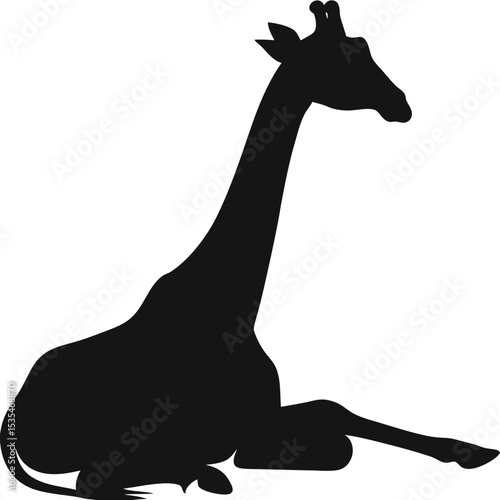 A sleek black silhouette of a resting giraffe in a relaxed position on a white background