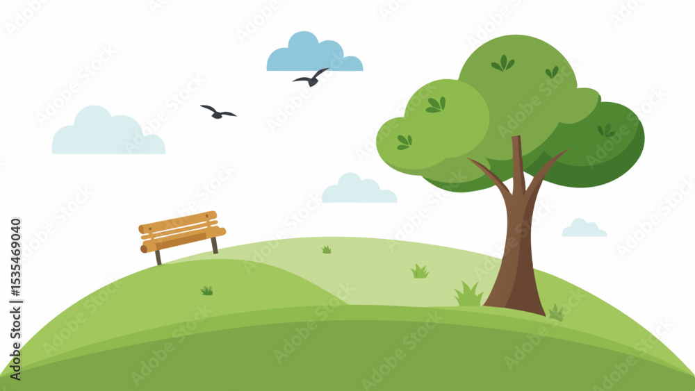Obraz premium Calm grassy hill with single tree bench and birds flying vector illustration