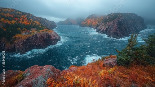 Autumn seascape cliffs with colorful foliage