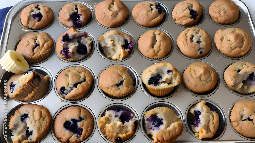 Obraz premium Freshly baked blueberry muffins sitting in a baking pan ready to be served as a warm homemade dessert or snack