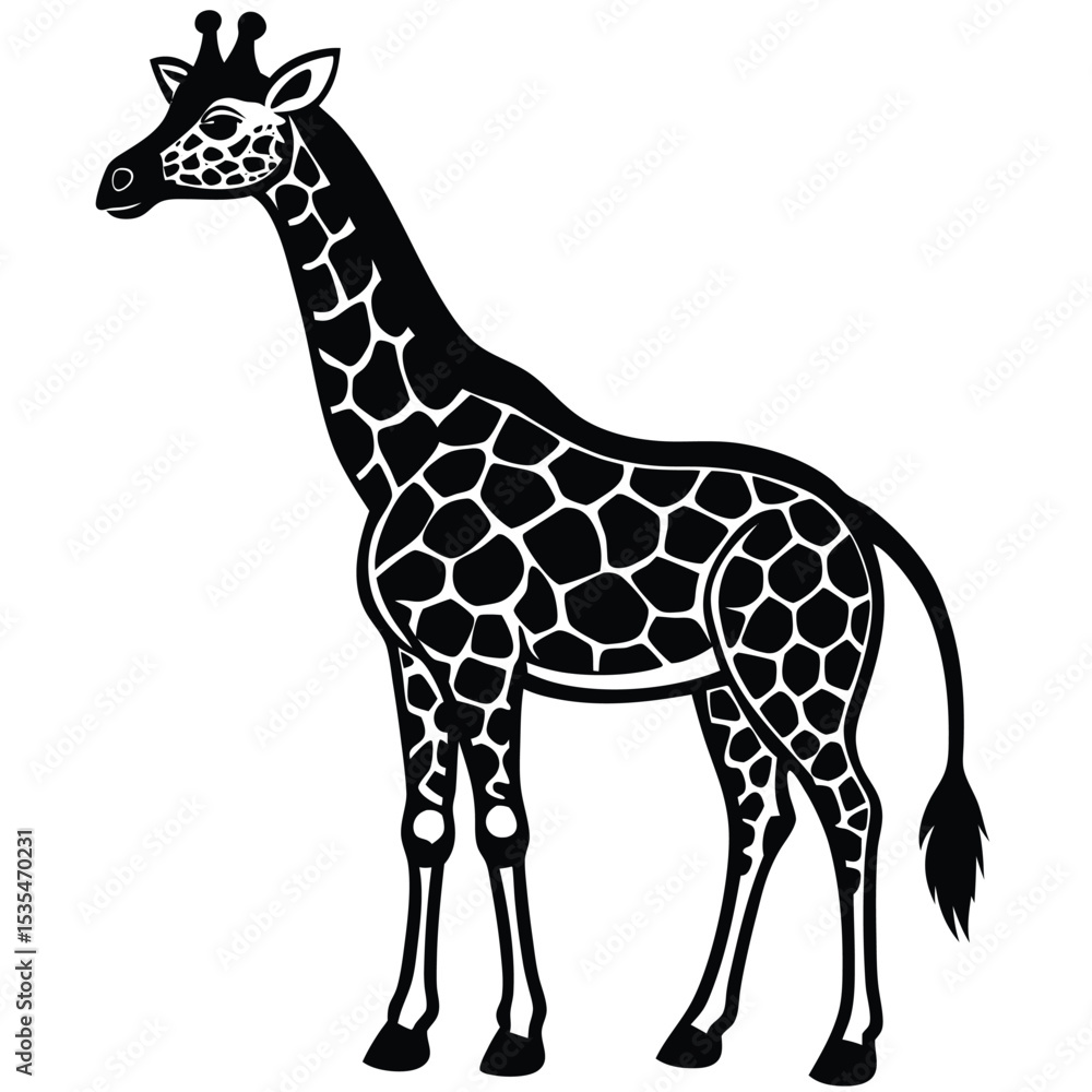 Fototapeta premium Elegant black and white silhouette illustration of a standing giraffe on a white background