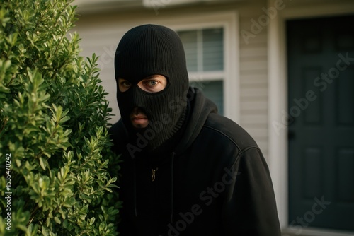 Intruder lurking near a home surrounded by shrubs at twilight, creating a tense atmosphere of suspense