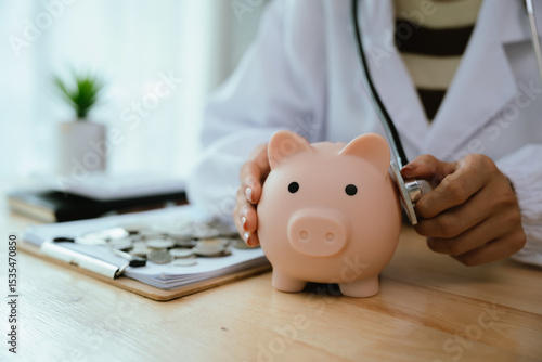 Doctor using stethoscope to examine a piggy bank, symbolizing the savings in medical care and financial health.
