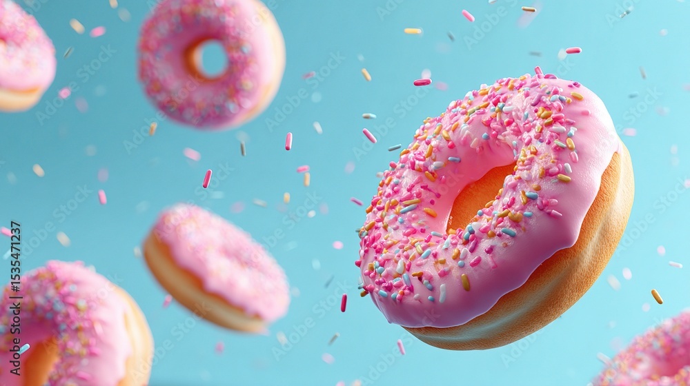 Delicious pink donuts with colorful sprinkles are floating on a bright blue background. Delicious pink donuts with colorful sprinkles are floating on a bright blue background.