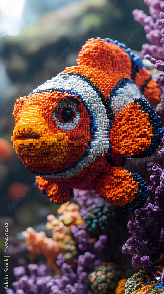 Naklejka premium Vibrant LEGO Clownfish Amidst Coral Reef